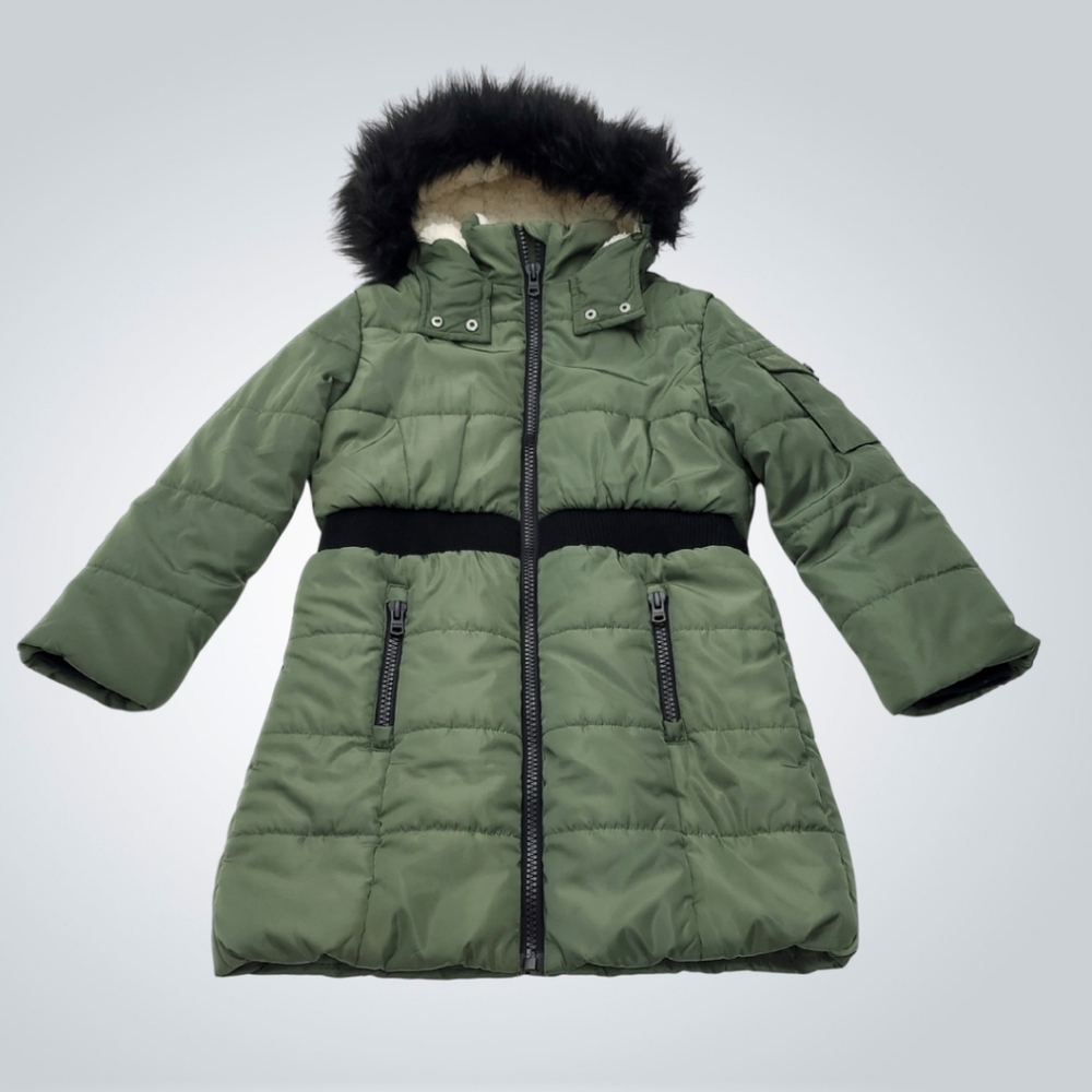 Hudson Girl’s Puffer Insulated Long Winter Green Coat Faux Fur Hoodie Lining S/7